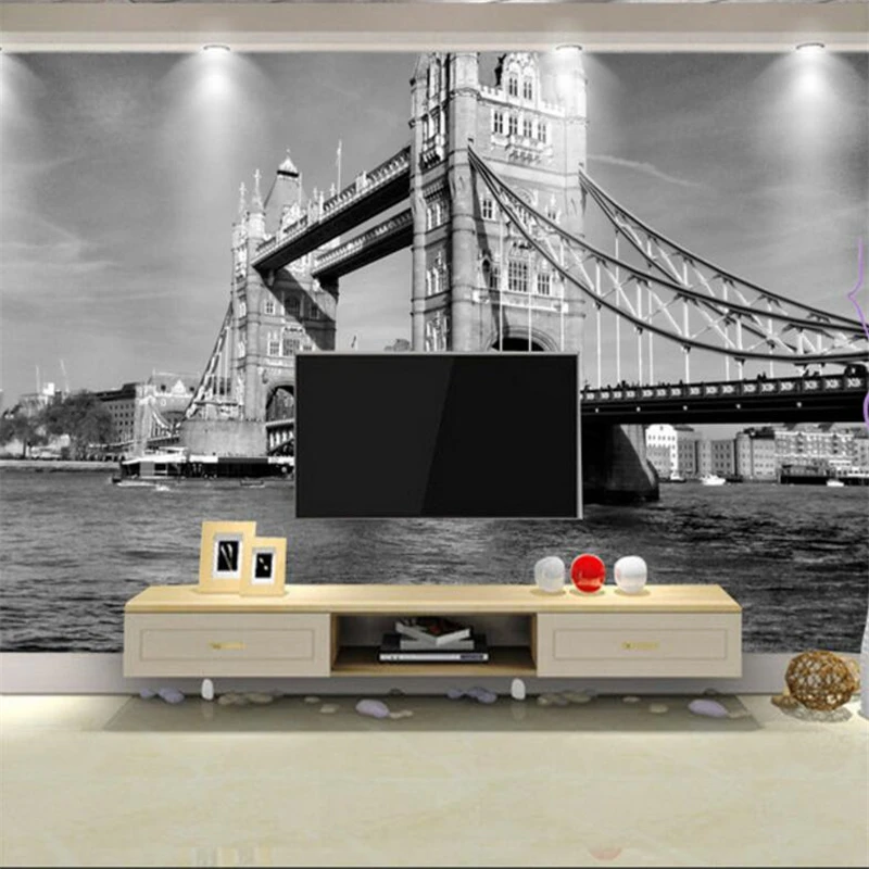 Обои на заказ 3d башня мост Ретро черный и белый Европейский архитектурный пейзаж