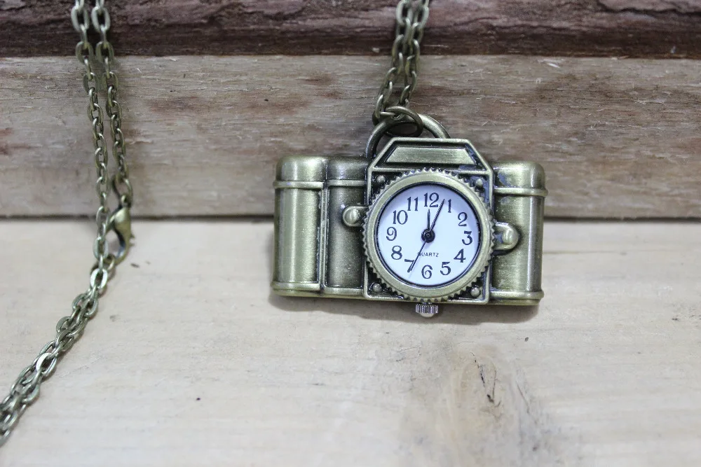 Wholesale --- Classical style camera pocket watch necklace - tan feather antique jewelry steampunk gift | Наручные часы