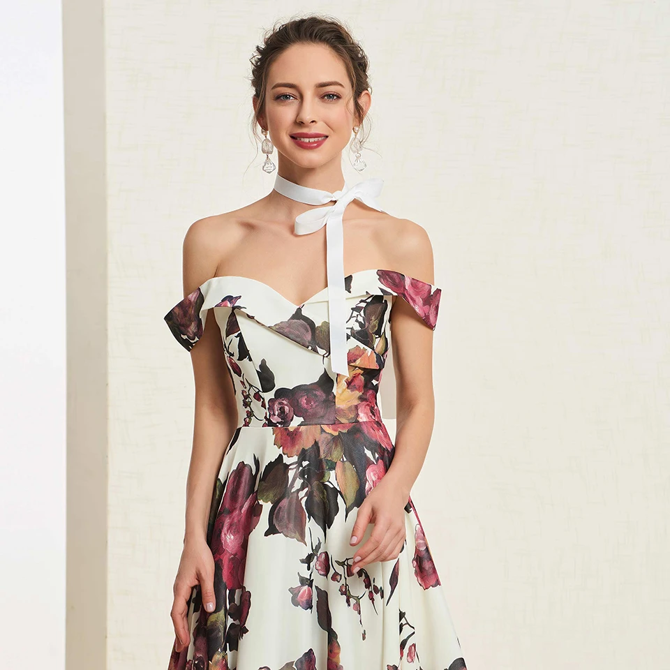 Платье с принтом Длинное платье для выпускного вечера открытыми плечами Простое