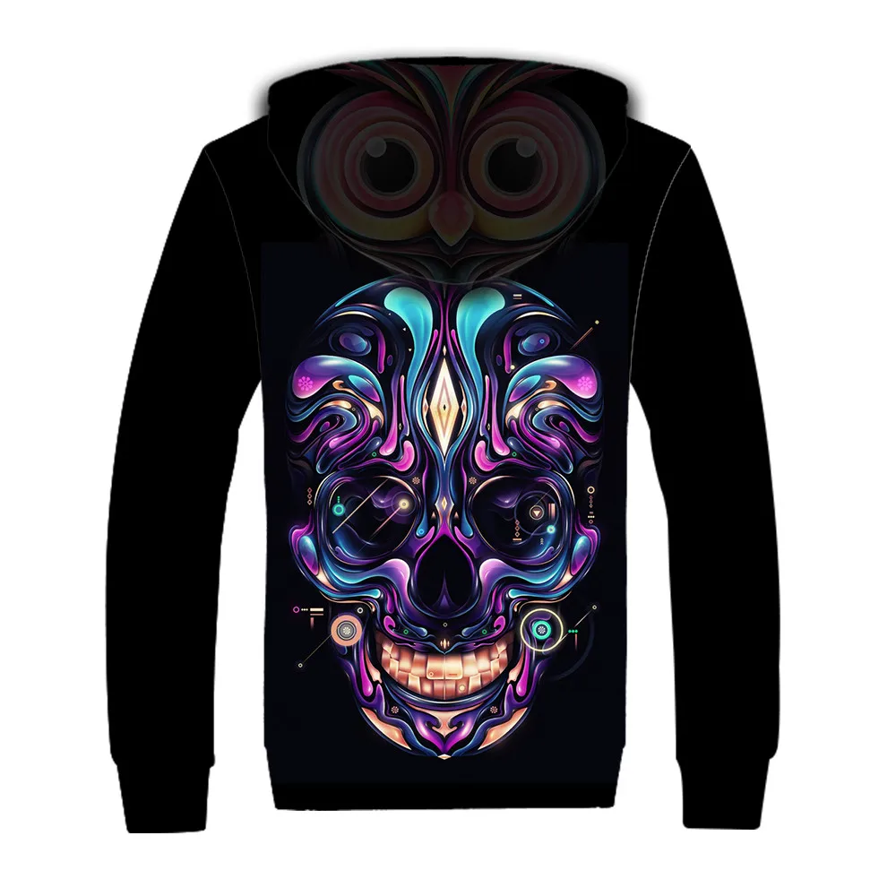 

Plus Size Mens Winter Hoodies Purple Skull Printing Fitness Black Halloween Warm Jacket S To 3xL