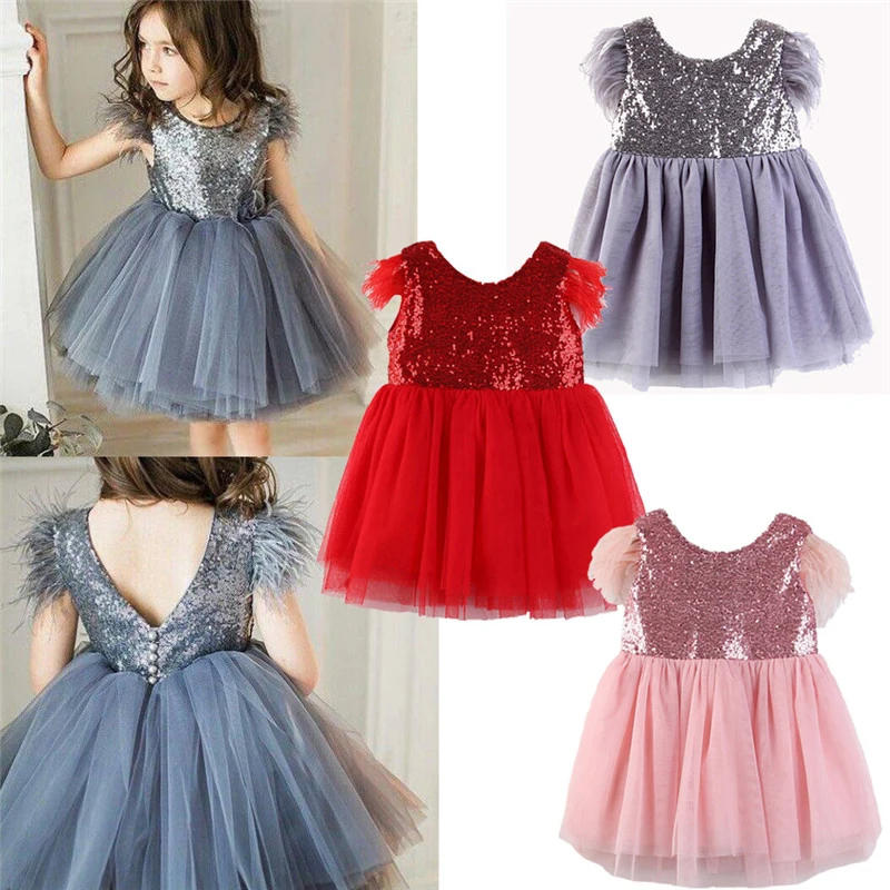 Toddler Baby Girl Princess Kid clothes round neck sleeveless Tassel Tulle Polyester backless Sequin Party Mini Dresses one piece | Детская