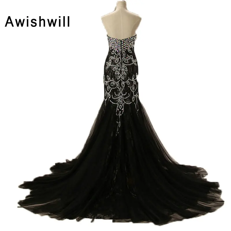 Женское вечернее платье ручной работы длинное черное из тюля с бисером и