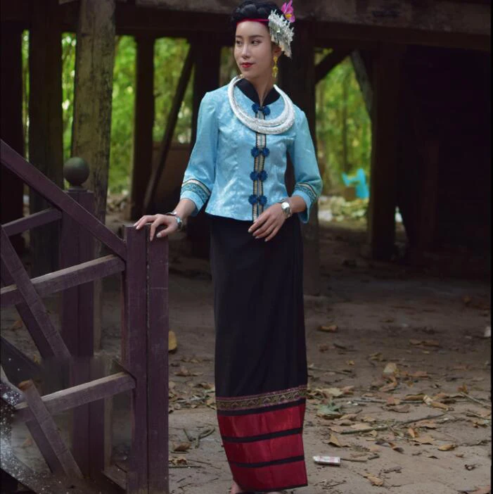 Летняя одежда YunNan Dehong традиционные приталенные синие женские костюмы Дай куртка