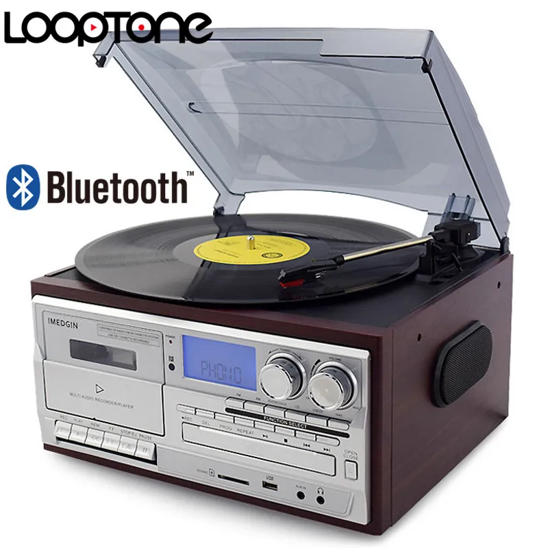 LoopTone 3 скорости Bluetooth виниловый проигрыватель винтажный проигрыватель CD и кассетный плеер AM/FM радио USB рекордер Aux-in RCA линейный выход