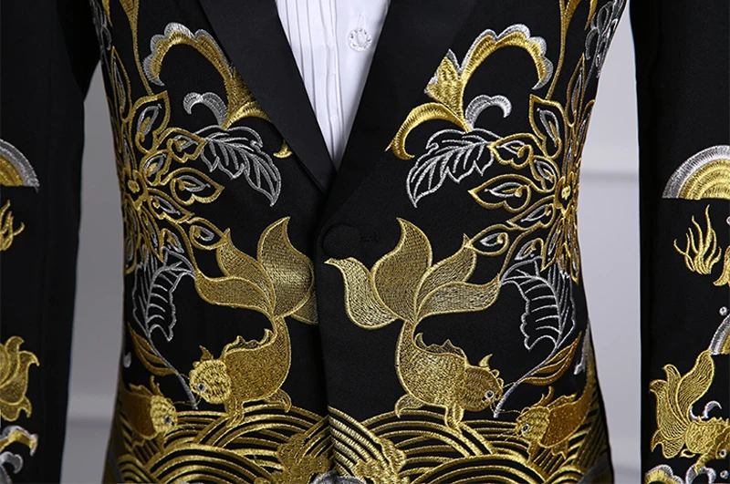 

2018 Mens Embroidery Dress Suits With Pants Shawl Lapel Black Suit Men Slim Fit Prom Stage Wedding Grooms Singer Costumes Homme