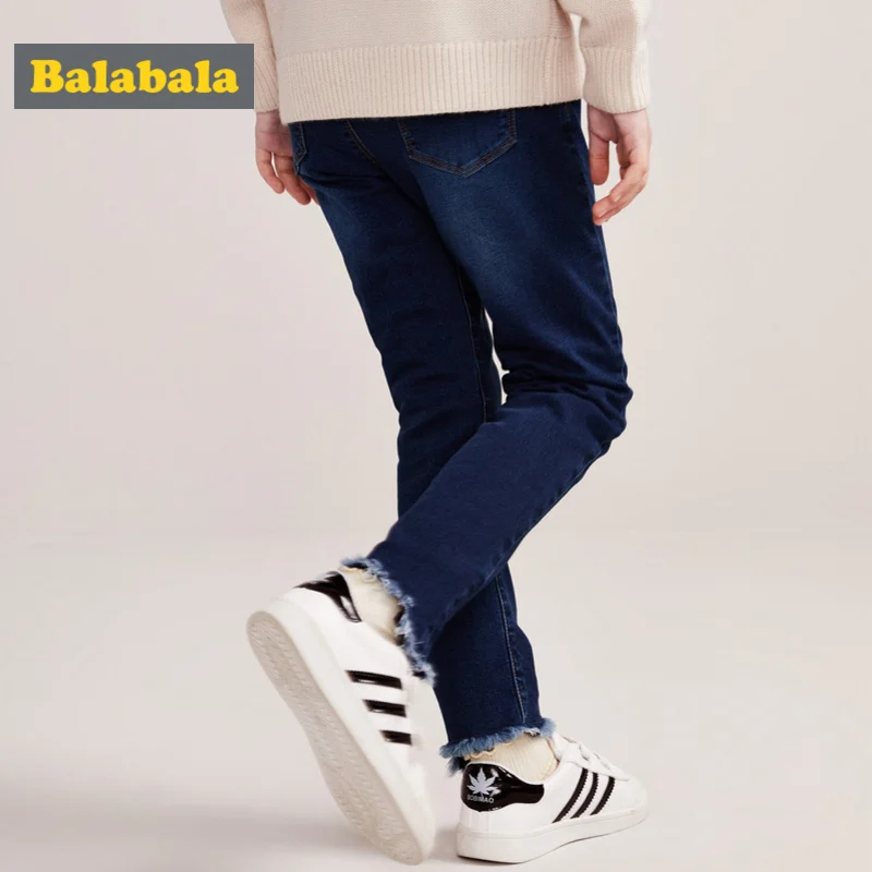 Balabala Girls Fleece-Lined Pull-on Jeans with Raw-edge Hem Slim Fit Cotton in Washed Denim Bead Ribbing at Waist | Детская одежда и