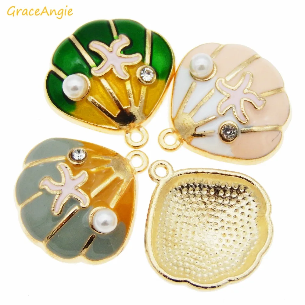 6pcs Enamel Gold Tone Shell shape Artificial Pearl Charms pendant Pink Green For necklace Bracelet Jewelry Making DIY Accessory | Украшения