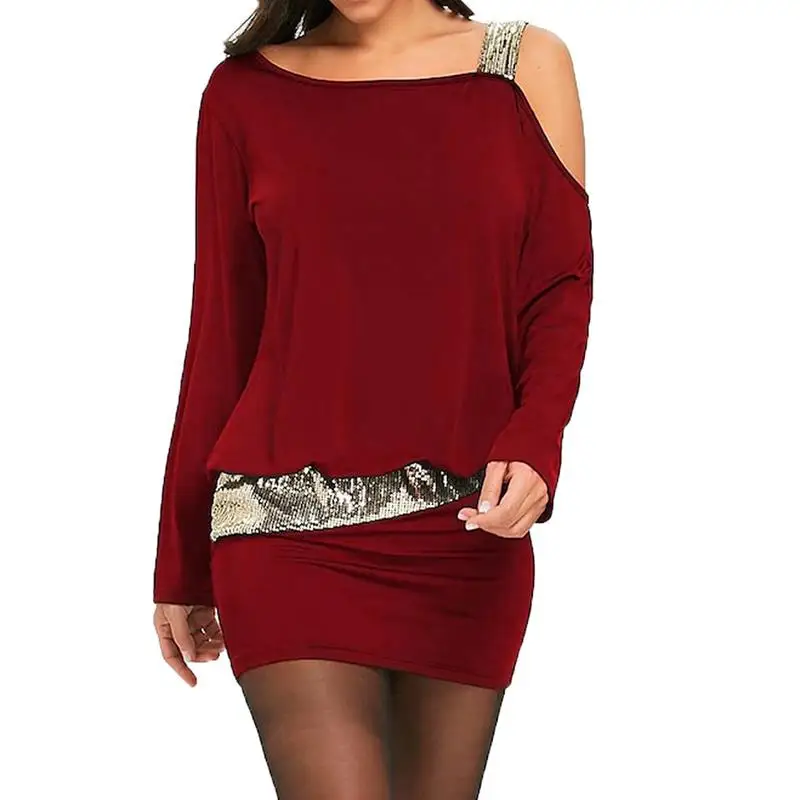 2018 Мода одно плечо блестками мини-платье Для женщин пикантные с длинным рукавом