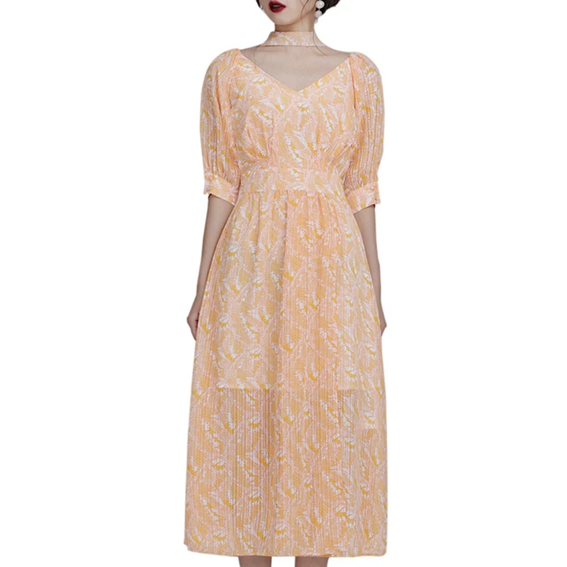 Женское платье с коротким рукавом Max Spri желтое Повседневное принтом V-образным