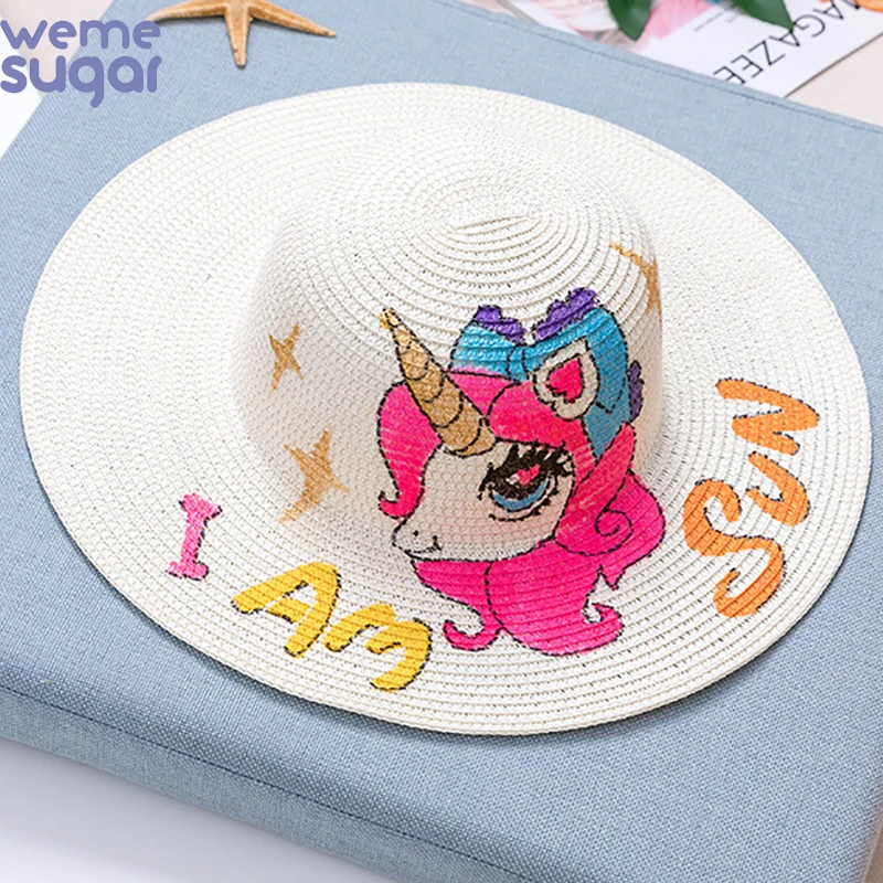

WeMe Hand-Painted Straw Hat With Large Brim Fashion Beach Hat and Sun Hat for Children