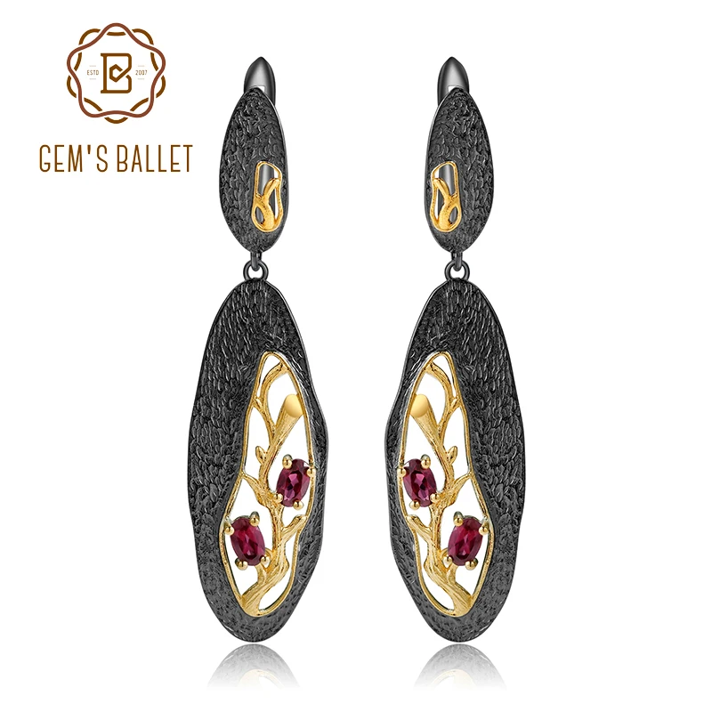

GEM'S BALLET 1.26Ct Natural Rhodolite Garnet 925 Sterling Silver Original Handmade Branch Drop Earrings for Women Fine Jewelry