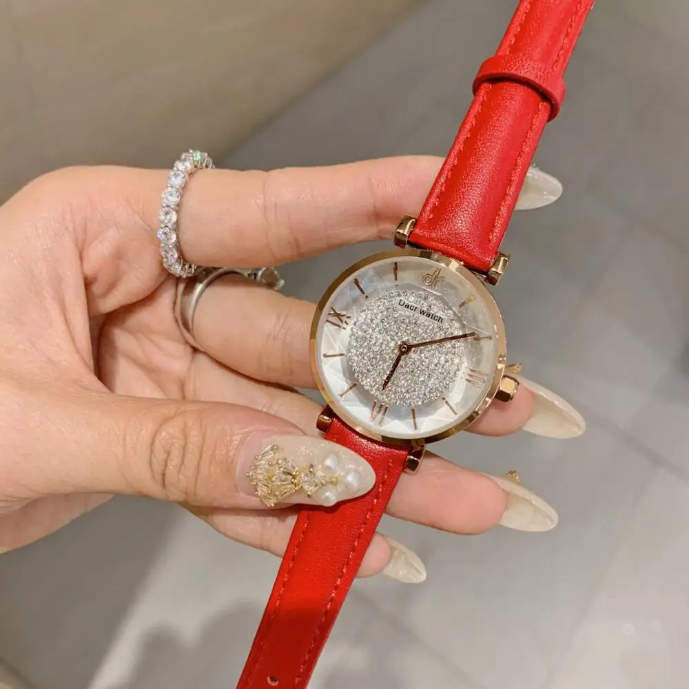 

Pretty Red Women Real Leather Strap Watches Classic Full Crystal Face Brand Wrist watch Roman Dress Watch Analog Montre Quartz