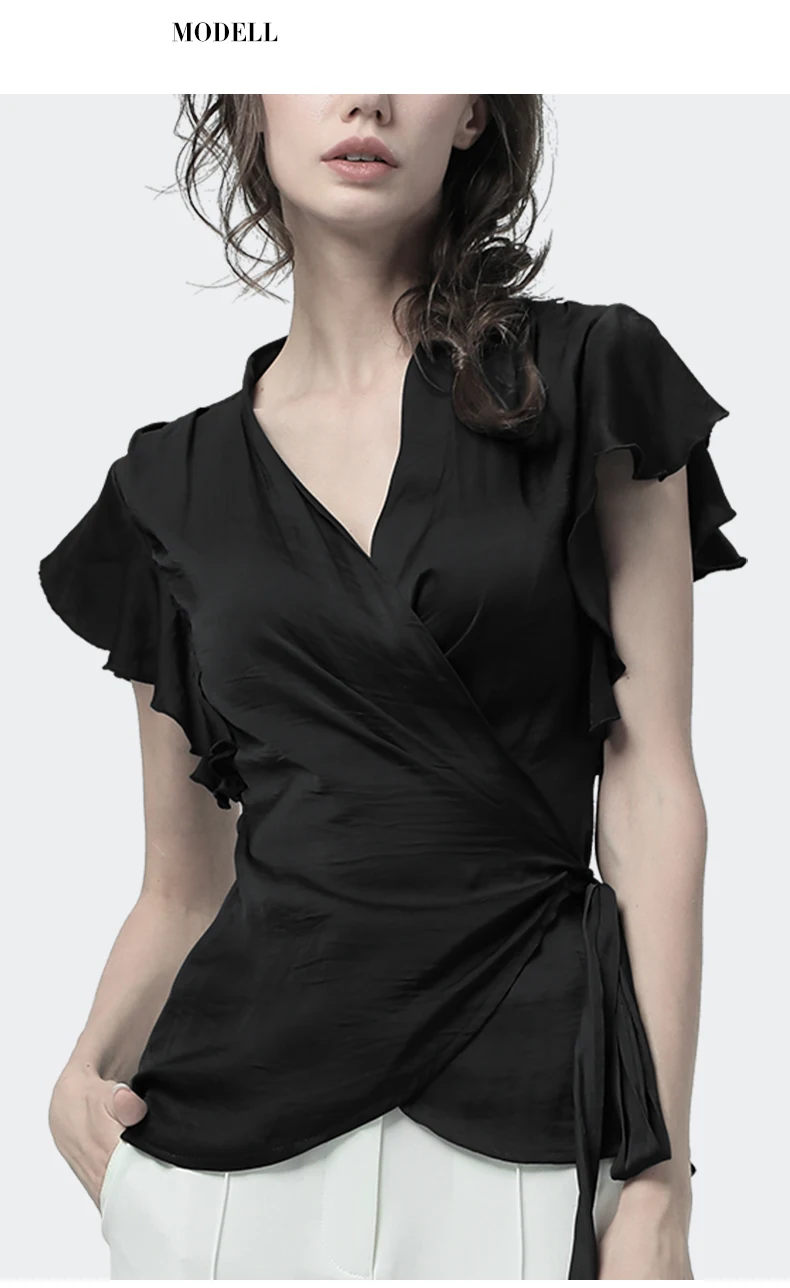 Silk Blouse Women Tunic Tops With Belt Crossed Lace Up Summer Cardigan Short Sleeve Sexy V-Neck Slim Black Women' Shirt