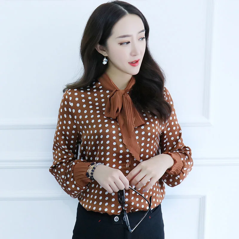 New Fashion 2018 Spring Summer Women Blouse Tie Collar Long Sleeve Polka Dot Printed Chiffon Shirt Tops B59 |