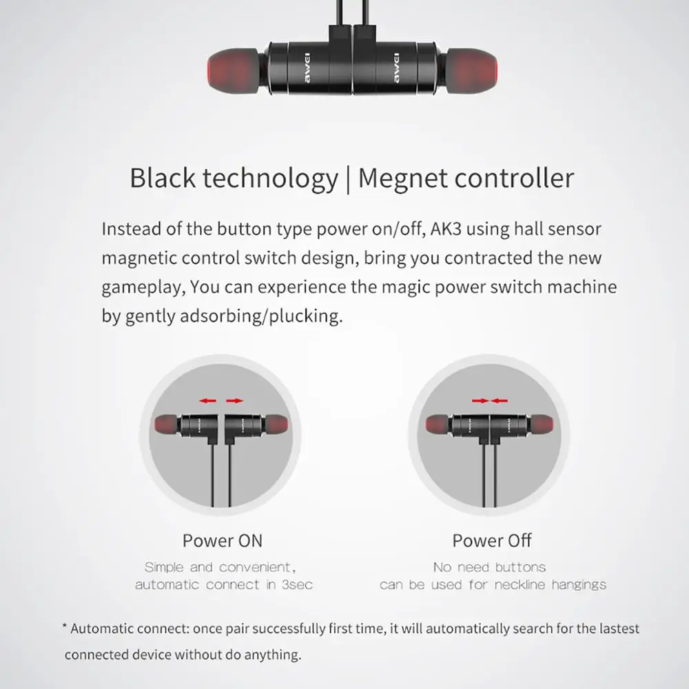 AWEI AK3, беспроводные Bluetooth наушники, наушники с микрофоном, спортивные, водонепроницаемые, магнитные, наушники, наушники для телефона
