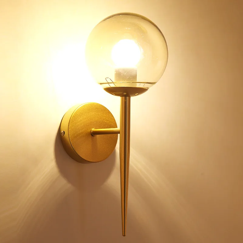 

Golden Bedroom Wall Light Modern Simple LED Glass Ball Wall Lamp for Living Room Stairs Balcony Postmodern Wrought Iron Lights