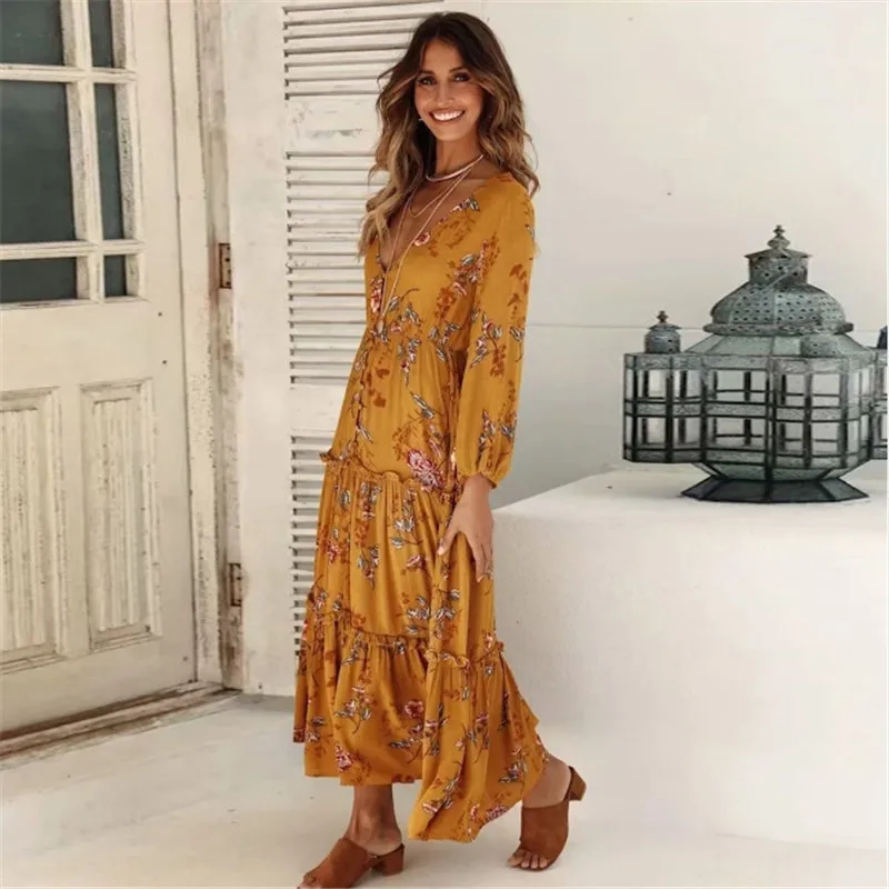 Платье-миди женское с цветочным принтом V-образным вырезом и длинным рукавом |