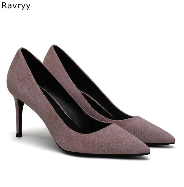 Blue sude leather women's high heel office lady outfits female dress shoes pointed toe thin single slip-on sexy pumps | Обувь