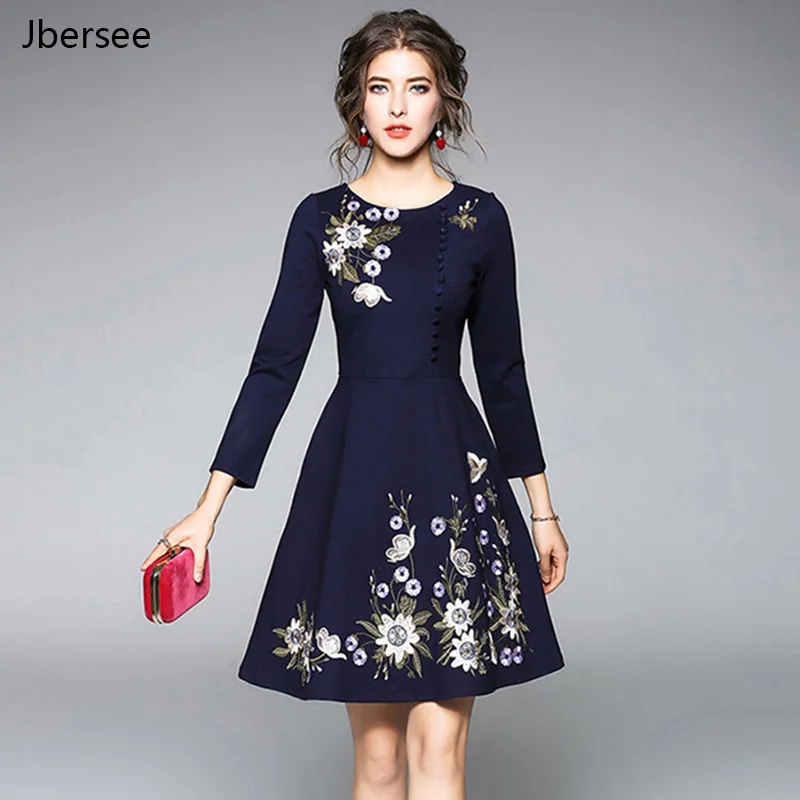 

Платье Jbersee женское с вышивкой, элегантный хлопковый приталенный сарафан-трапеция с круглым вырезом, с рукавами семь восьмых, с цветочной вы...