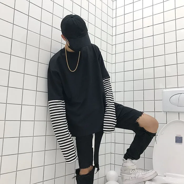 Polera Mujer, женская модная футболка, корейский стиль, Ulzzang, Harajuku, имитация двух частей, полосатая футболка, Женский Топ с длинным рукавом
