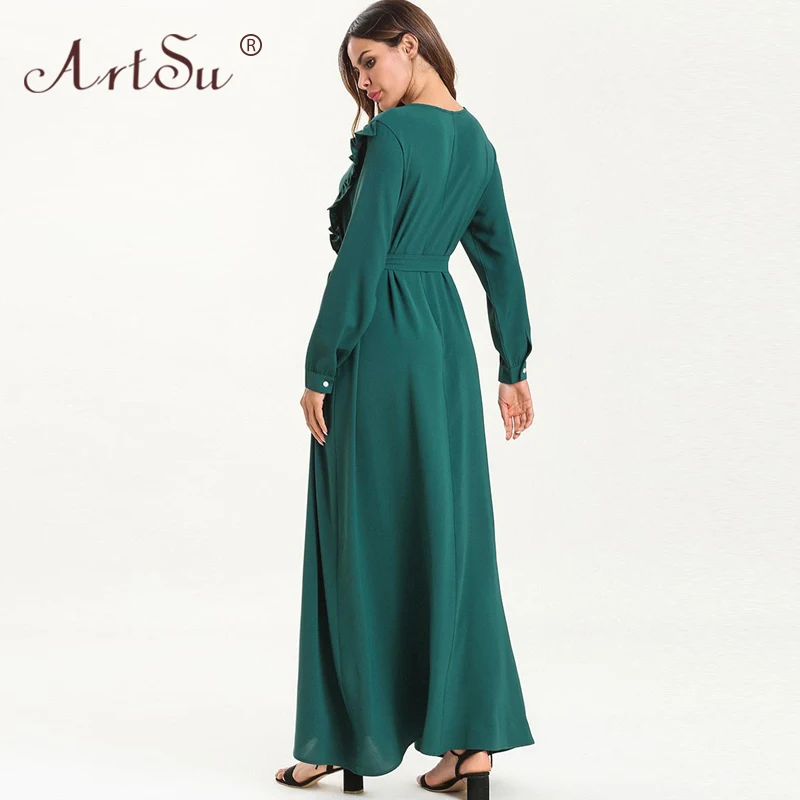 

ArtSu Green Retro Ethnic Women Maxi Dress Autumn Ruffles Long Sleeve A-Line Casual Floral Embroidery Dress Robe Femme Plus Size