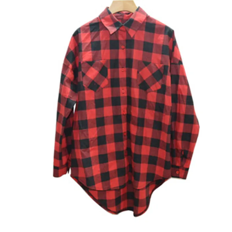 

Casual Women Long Shirts Red Black Plaid Female Blouses Autumn Spring Lady Shirts