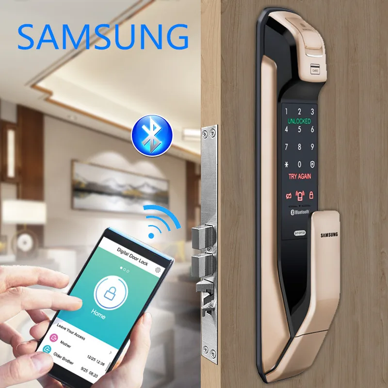 SAMSUNG отпечаток пальца толчок цифровой дверной замок с Wi-Fi Bluetooth приложение SHS-DP728 английская версия большой врезной AML320