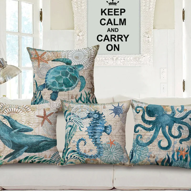 

18" Square Vintage Marine Ocean Life Sea Turtle Linen Sea Horse Dolphin Sofa Throw Cushion Cover Octopus Home Decor Pillows Case