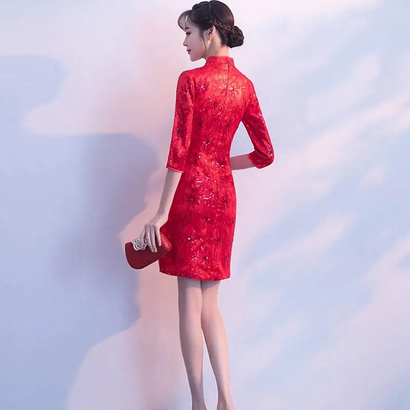 Красное мини-платье невесты Cheongsam Восточное женское свадебное платье с коротким
