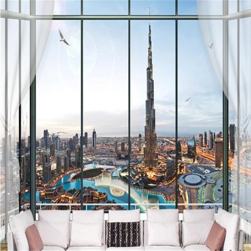 3D трехмерное окно Burj Дубай ТВ фон в европейском стиле большой заказ гостиная обои