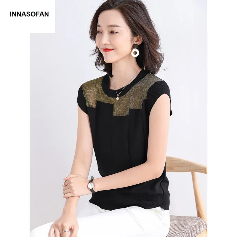 INNASOFAN thin sweater for women Summer knitwear Euro-American fashion chic shiny short-sleeved | Женская одежда