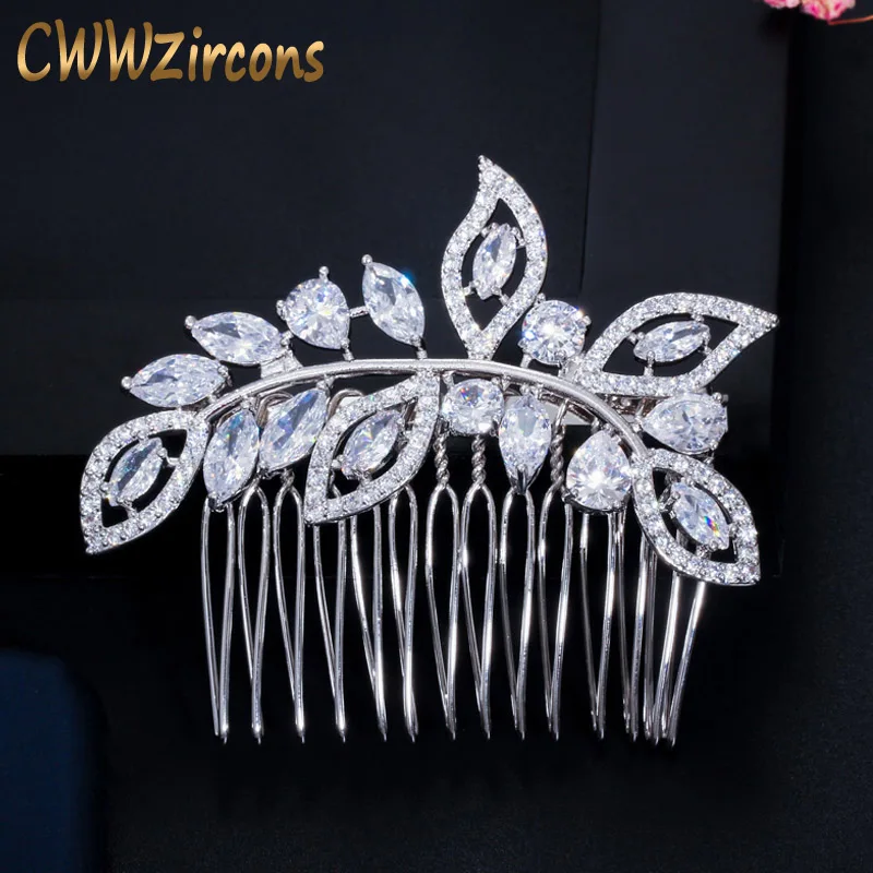 Silver Color CWWZircons элегантный узором из цветов и листьев кубического циркония с украшением в виде кристаллов свадебные гребень для волос свадебная тиара, украшение на голову вечерние ювелирные изделия аксессуары A013 - Окраска металла: Silver Color