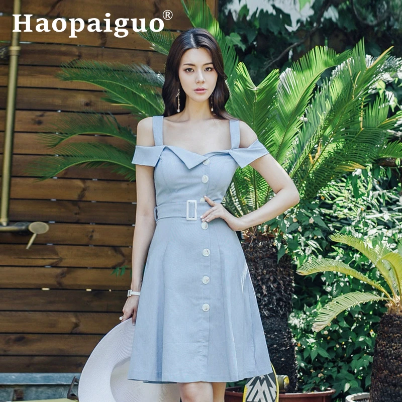 

Large Size Off Shoulder A-line Sexy Dress Women Short Sleeve Casual Bodycon Dress Women with Sashes Singer Button Elegant Dress