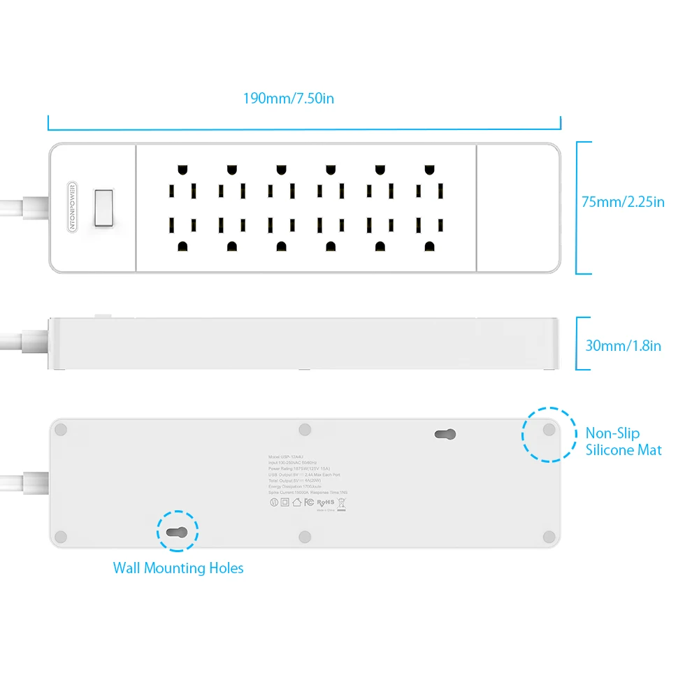 NTON силовой USB сетевой фильтр с вилкой США 12 розеток переменного тока USB зарядное устройство 4 порта, подвесной слот для установки, 1,5 м шнур питания