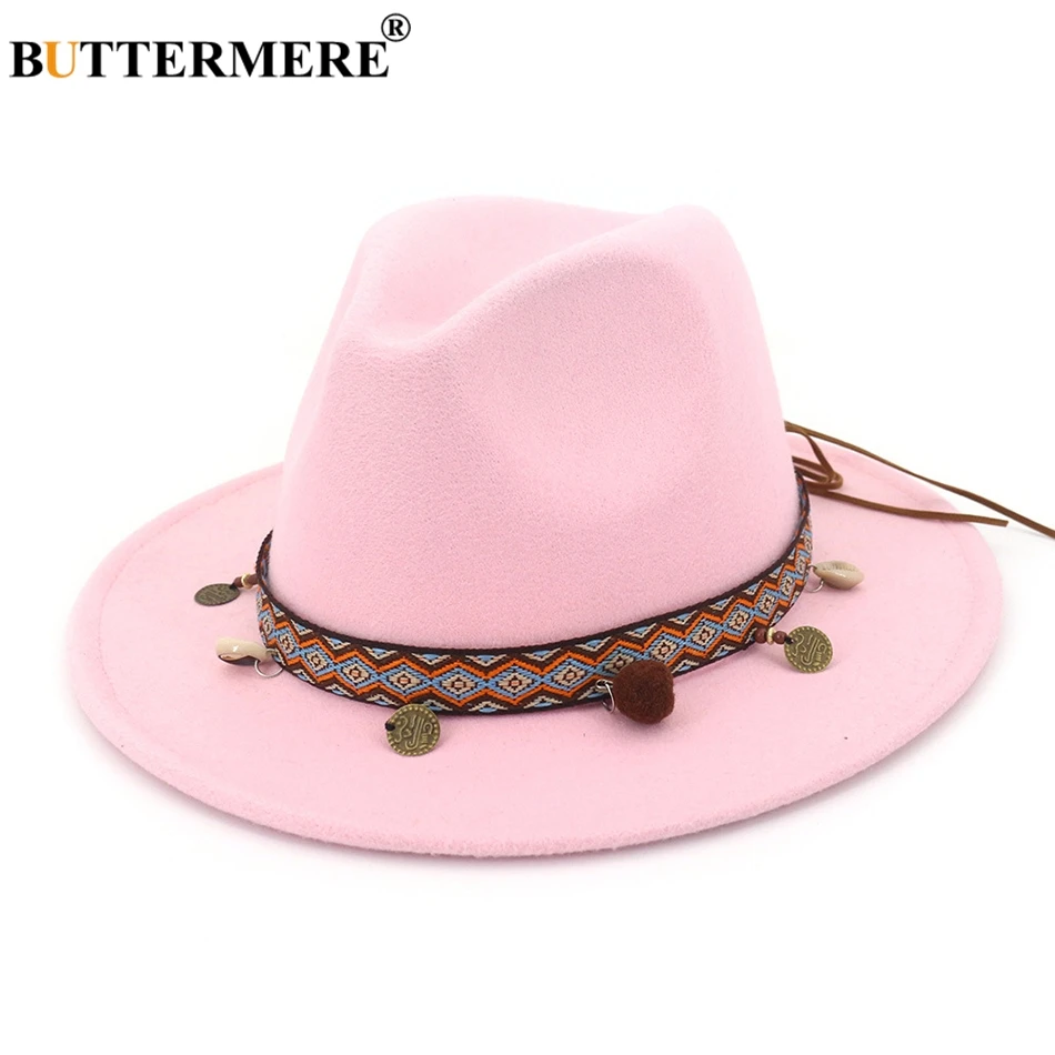 pink hat BUTTERMERE, красные фетровые шляпы для женщин, в этническом стиле, шерстяная фетровая шляпа для женщин, с широкими полями, повседневные, женские, Осенние, праздничные, джазовые шапки, модные - Цвет: pink hat