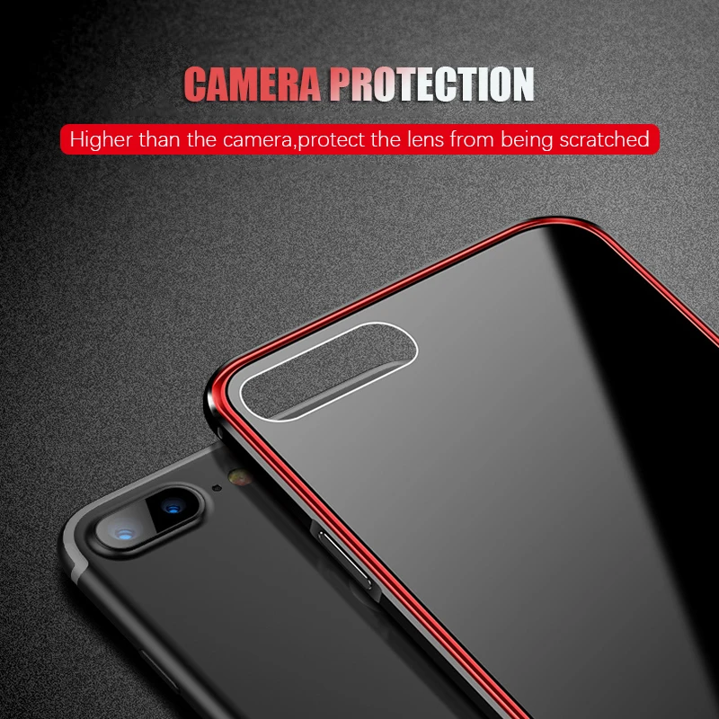 Luxury Snap-fit desgin phone cases for apple iphone X 7 8 Metal frame bumper tempered glass cover plus case |