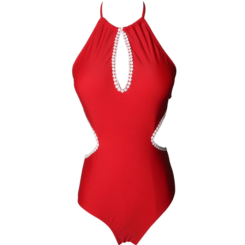 Женский слитный купальник-монокини с открытой спиной и черными/красными