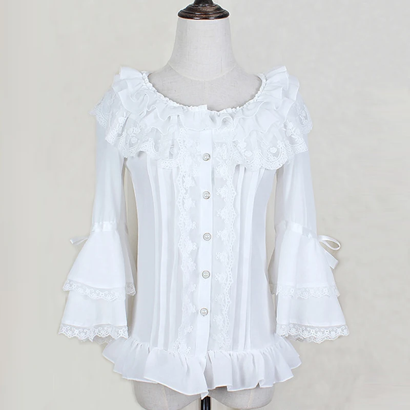 Весенне-летние женские белые короткие рубашки кружевные шифоновые готические с