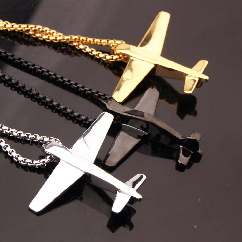 

Hot Sell Men's Jewelry Silver/Gold/Black Stainless Steel Airplane Pendant Free Box Necklace Casual Design