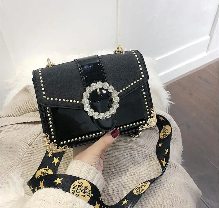Ретро заклепки с алмазами широкий ремень сумка лоскут женщин Crossbody женская Shoulderbag