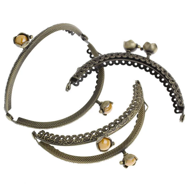 2Pcs Vintage Bronze Tone Ruffled Arch Frame Kiss Clasps Lock Yellow Resin Lotus Flower Purse Bag Handbag Clutch Handle 9x6cm | Багаж и