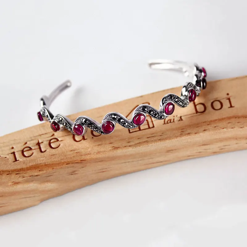 FNJ 925 пробы серебряный браслет синтетический красный корунд круглый натуральный