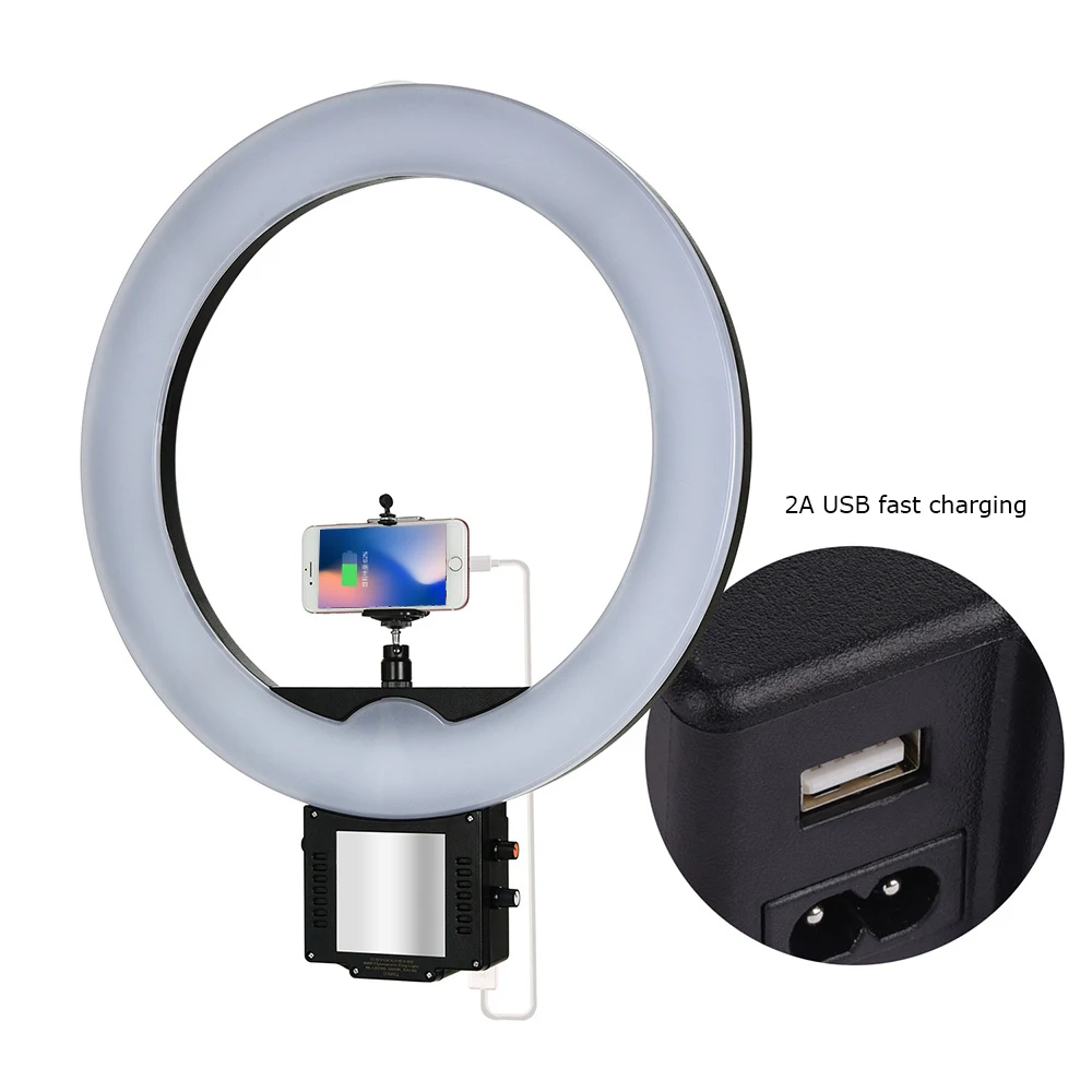 Йохис 18-дюймовая 90 Вт светодиодная лампа кольцевого освещения студийного типа 2700K-6000K с регулировкой яркости для видео, макияжного зеркала с USB-подключением для зарядки телефона.