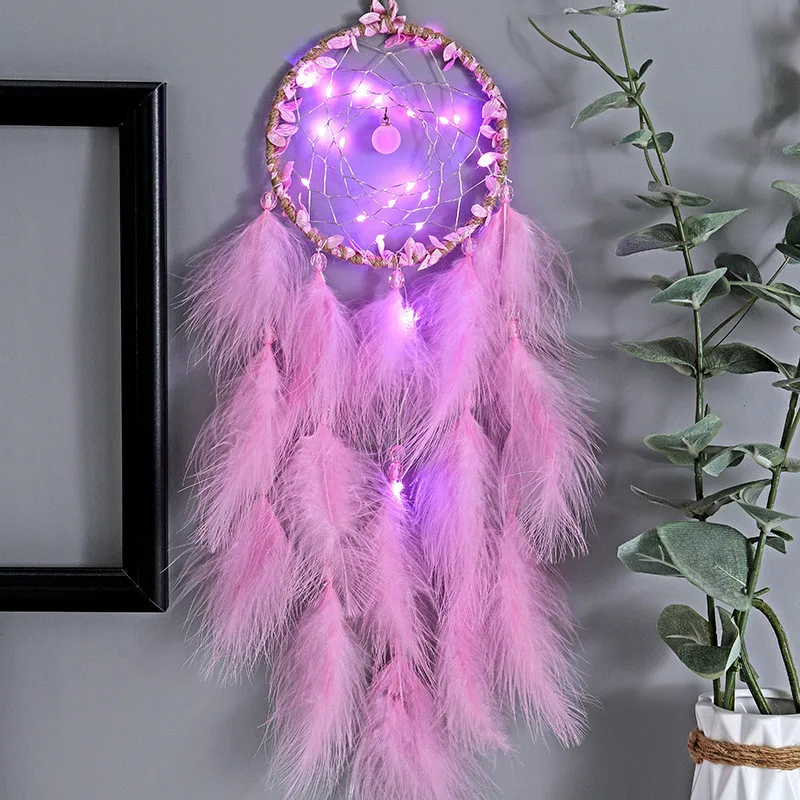 

led dream catcher lamp Feather Crafts Wind Chimes wall hanging decor attrape reve room decoration scandinavian łapacz snów drome