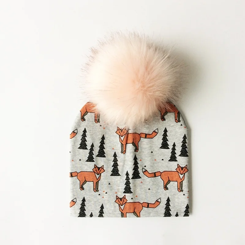 grey fox and forest Детская шапка, хлопковая шапка с помпоном и принтом для детей, зимняя шапка для мальчиков, детские шапки для девочек, детские шапки - Цвет: grey fox and forest