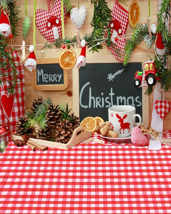 

8x12FT Kitchen Red Checkers Cloth Christmas Boots Pine Cones Custom Photography Studio Backdrop Background Vinyl 8x10 8x15 10x20
