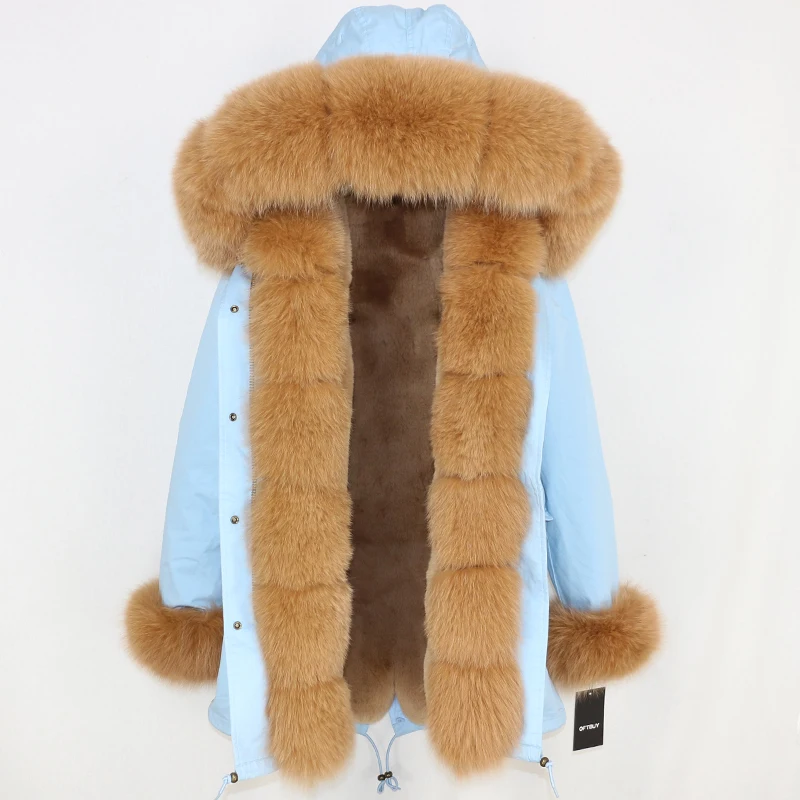 light blue camel OFTBUY, зимняя женская куртка, пальто из натурального меха, Длинные парки, Воротник из натурального Лисьего меха, капюшон, Толстая теплая верхняя одежда, уличная одежда, съемная - Цвет: light blue camel
