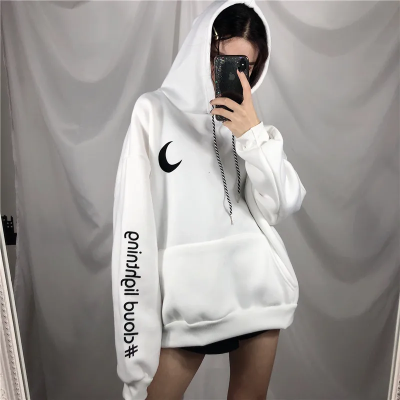 Harajuku Письмо Луна вышивка Для женщин толстовки плюс бархат сладкий с капюшоном студент толстовка с длинными рукавами и карманами Для женщин пуловеры