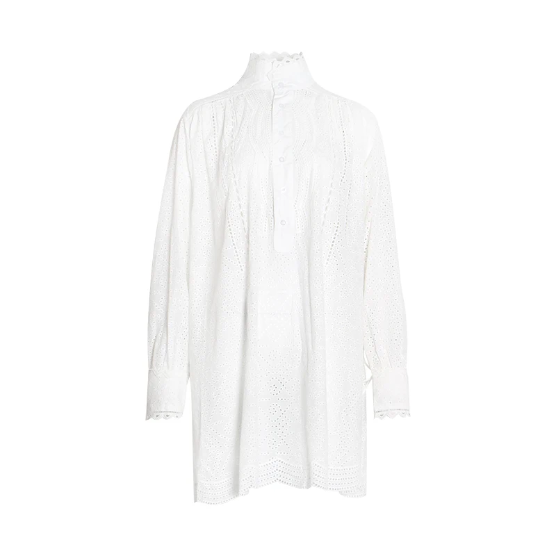 TWOTWINSTYLE Summer Embroidery Women's Dress Stand Collar Long Sleeve Hollow Out Solid Mini Dresses Female 2020 Fashion New | Женская