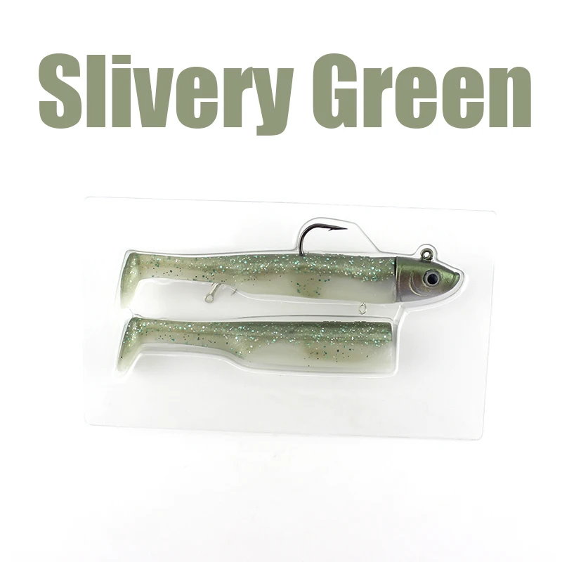 Slivery Green 3,5 дюймов мягкая искусственная наживка для морской рыбалки, приманка для рыбной ловли, окуня, трески, рыбы, 11,5 см, рыболовные приманки, набор с 22 г, джиг-голова - Цвет: Slivery Green